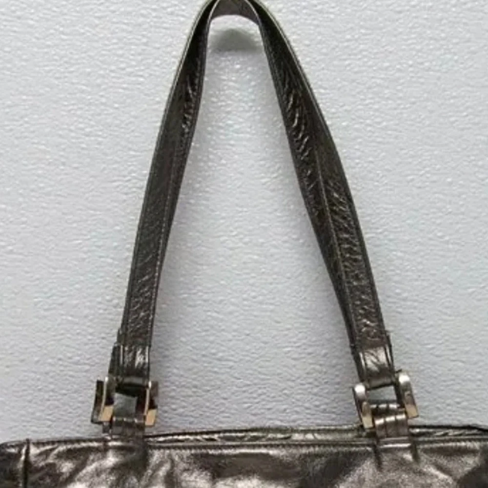 Vintage SAS Leather Purse Metallic Pewter Double Shoulder Straps Snap Zip Close